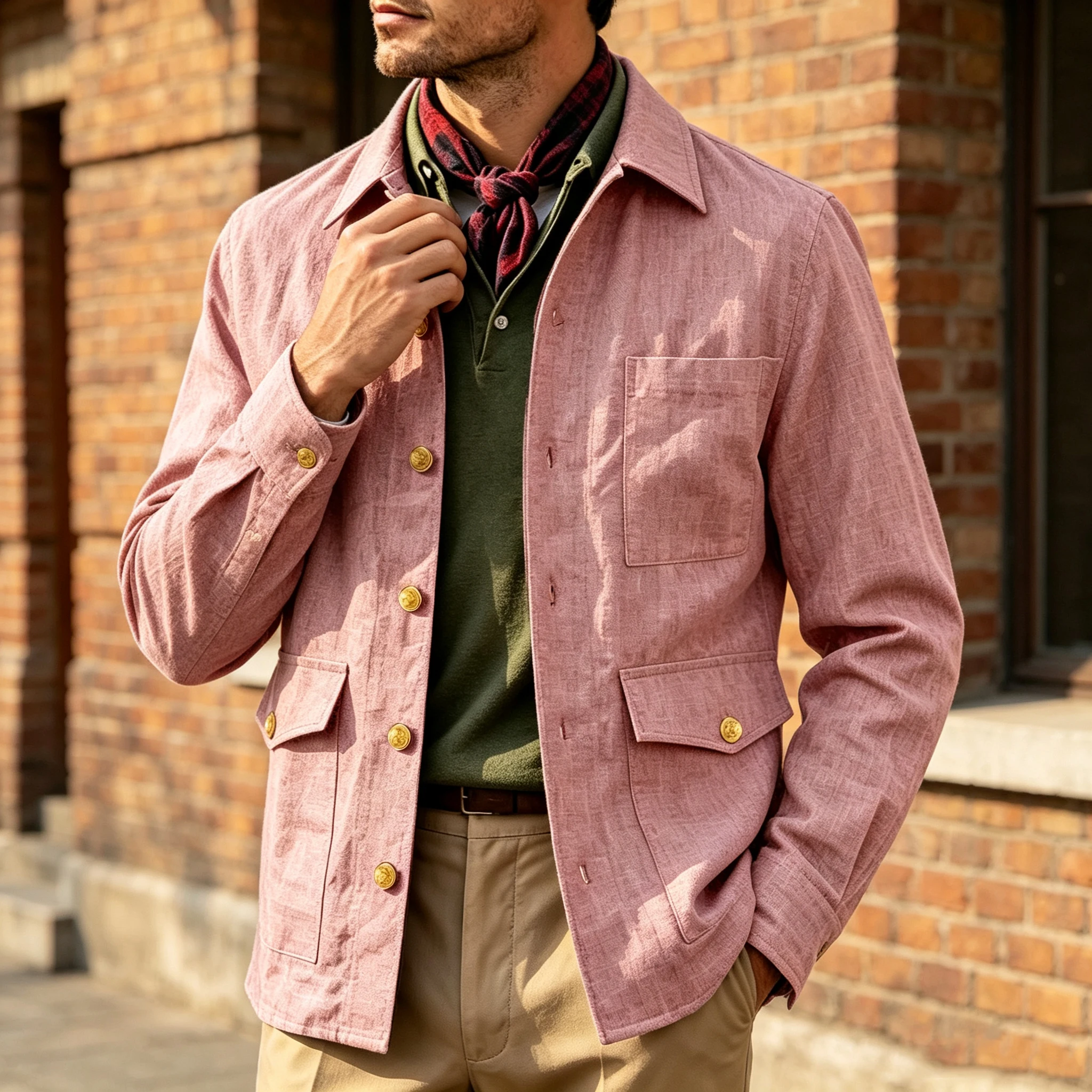 Men's Linen Workwear Jacket Business Casual Suit Blazer with Gold Buttons Multiple Pockets Overshirt Formal Sport Coat Summer image 2