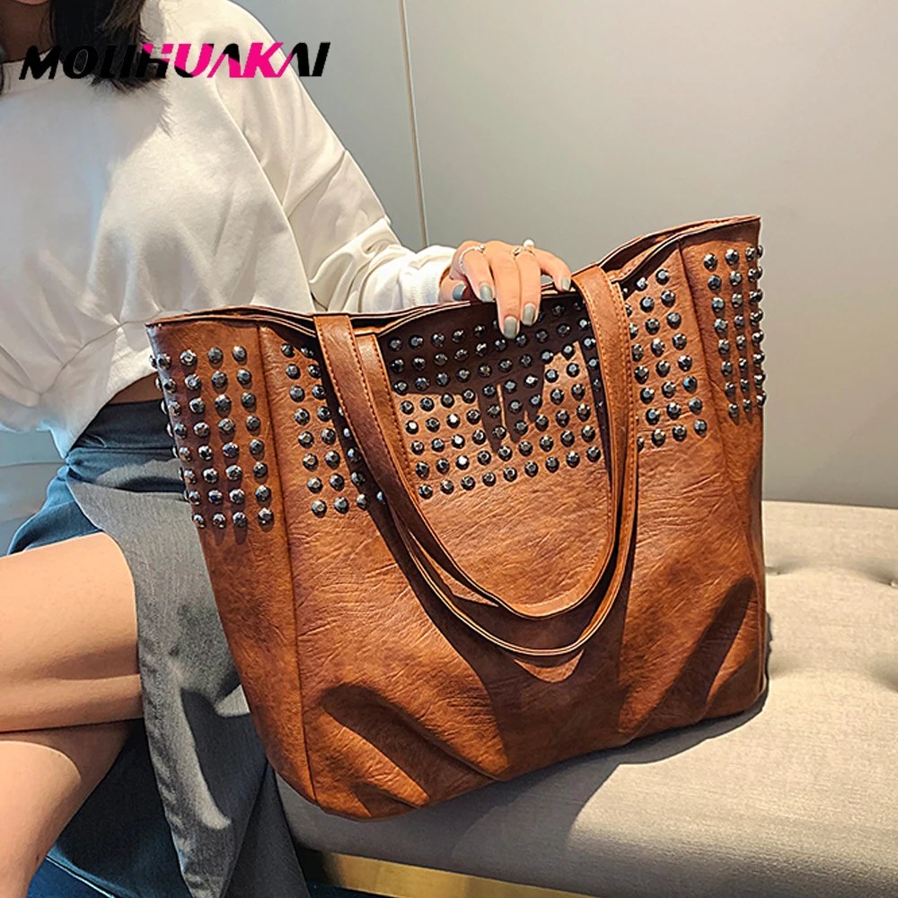 Women Shoulder PU Leather Bag Fashion Handbag Retro River Leather Ladies Shoulder Bag Large Tote Purse Women Handbag Tote Bags