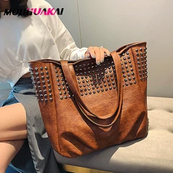 Kadınlar omuz PU deri çanta moda çanta Retro nehir deri bayanlar omuzdan askili çanta büyük Tote çanta kadın çanta çanta Tote çanta