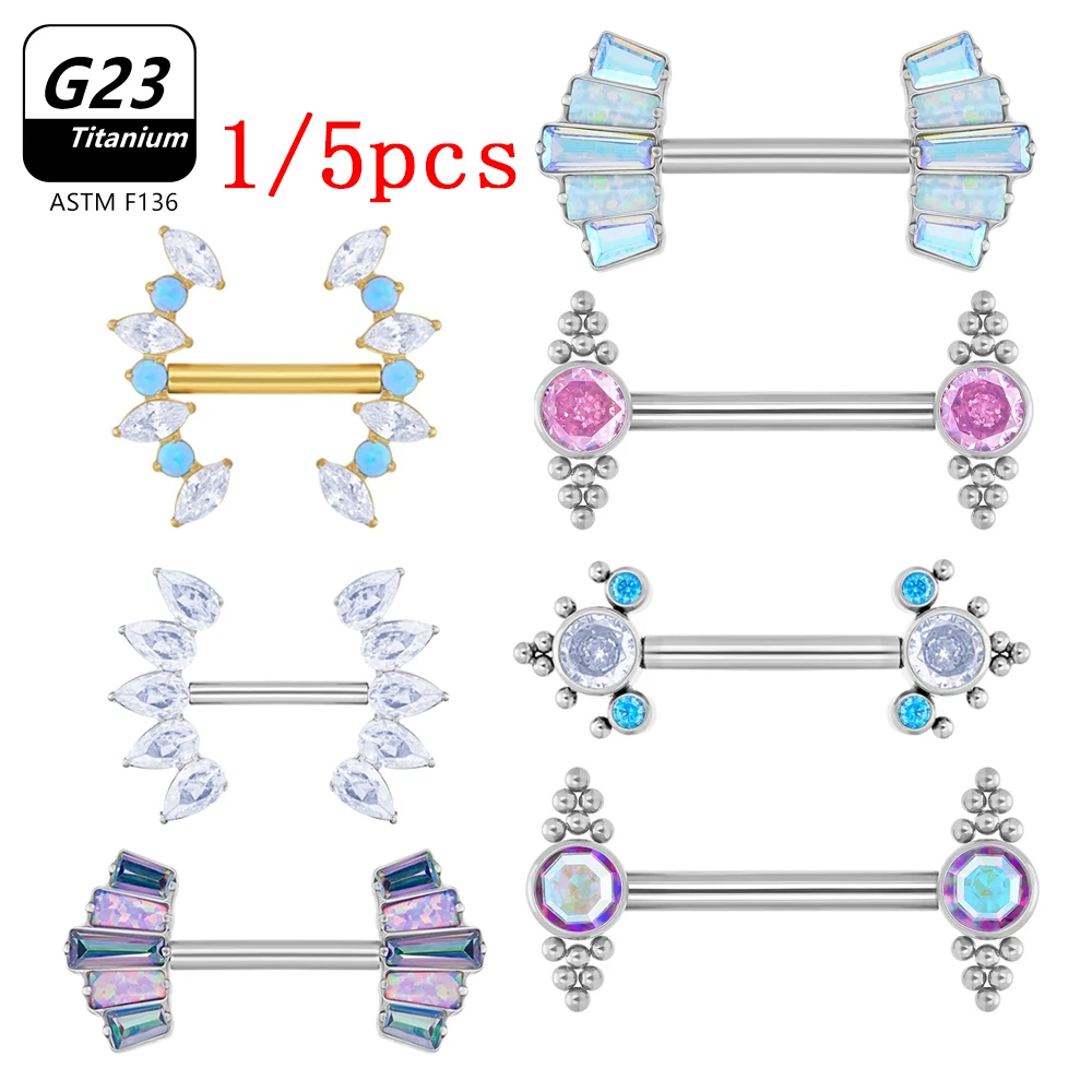 5Pcs G23 Titanium Bar Nipple Barbells Body Piercing Push in Sexy Jewelry Zircon Implant Grade Nombril Barbell for Women CZ Paved