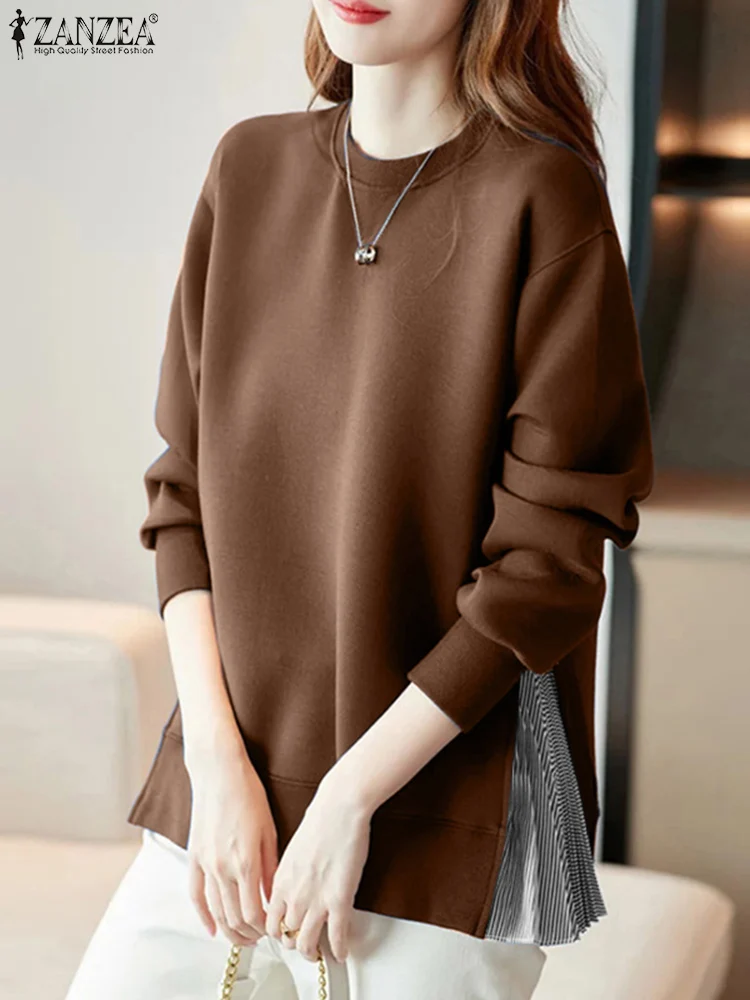 

ZANZEA Fashion Long Sleeve Pullover Women Solid Sweatshirts Vintage Pleating Plaid Stitching Hem Jumper Autumn 2025 O-neck Tops