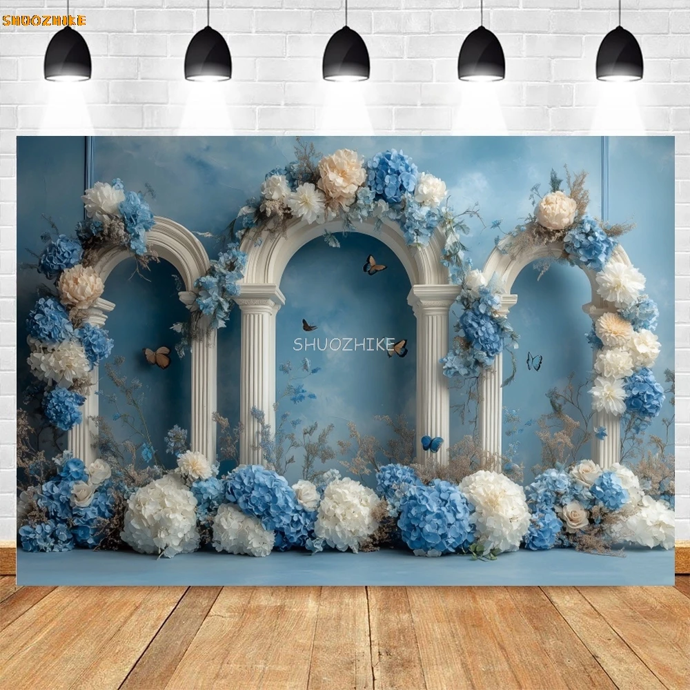Blauer Farbverlauf, abstrakte Blumen, Bogen-Hintergrund für Kinder und Erwachsene, Kunstporträt, Hochzeit, Geburtstag, Party, Dekoration, Babyparty, Fotohintergrund