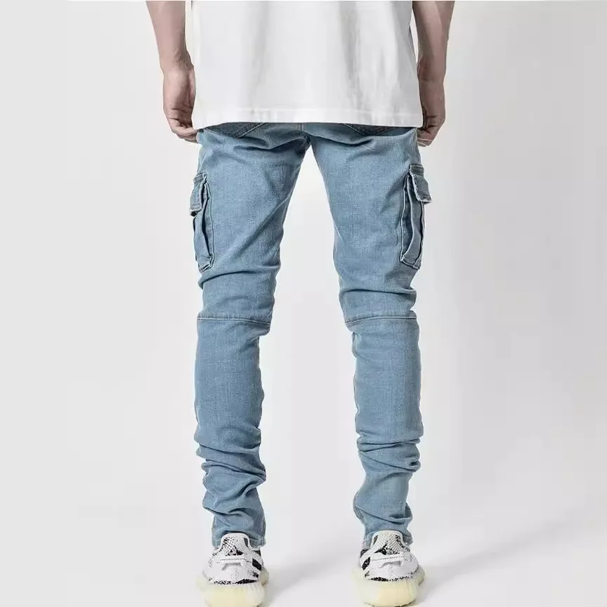 Street Elastic Jeans Men Denim Cargo Pants Wash Solid Color Multi Pockets Casual Mid Waist Trousers Slim Fit Daily Wear Joggers