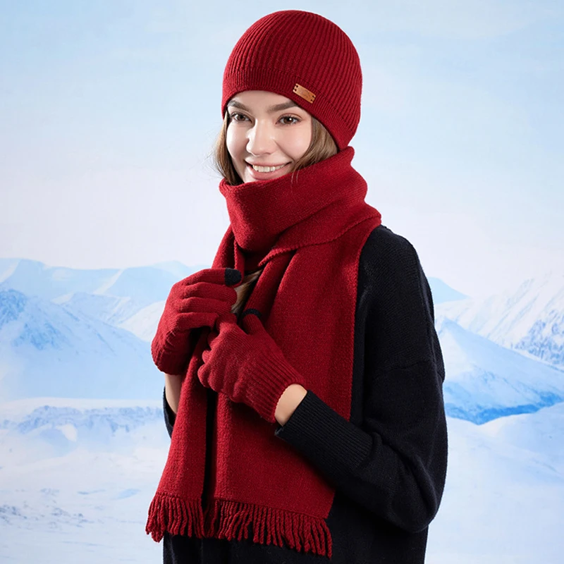 Frauen halten warme Strickmütze Set Winter winddicht weibliche Skullies Mützen dicke Hüte Skimütze mit Quastenschal und Handschuhen