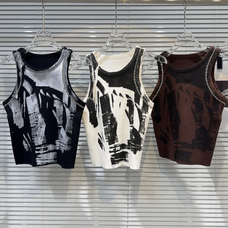 

BORVEMAYS Contrasting Colors Pattern Printing Slim O Neck Sleeveless 2024 Autumn New Men's Slim Knitting Tank Tops WZ9207