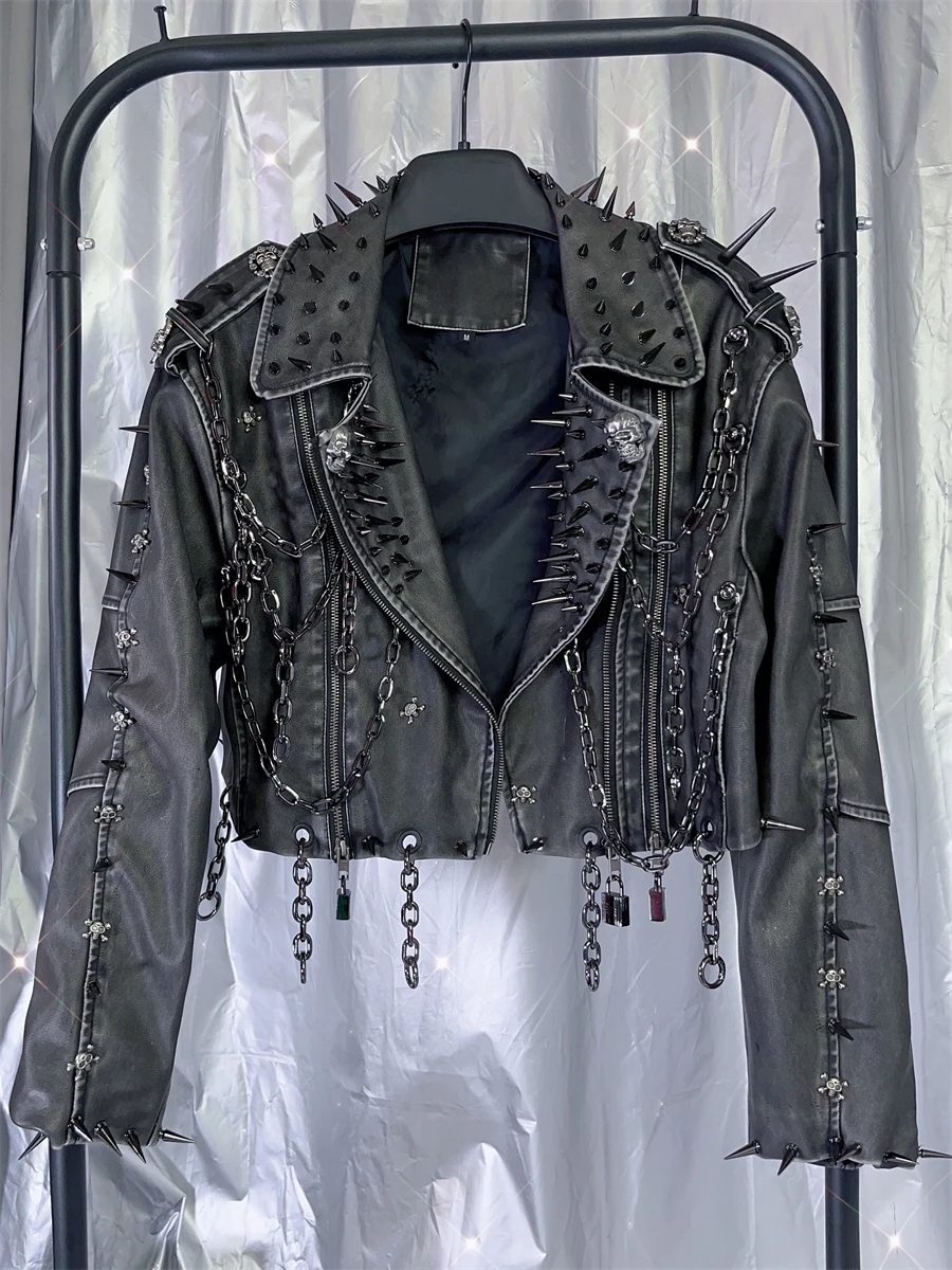 

Куртка-косуха из искусственной кожи в стиле Y2K Spicy Girl Punk с заклепками и черепами, укороченная, с длинными рукавами, для мотоциклистов