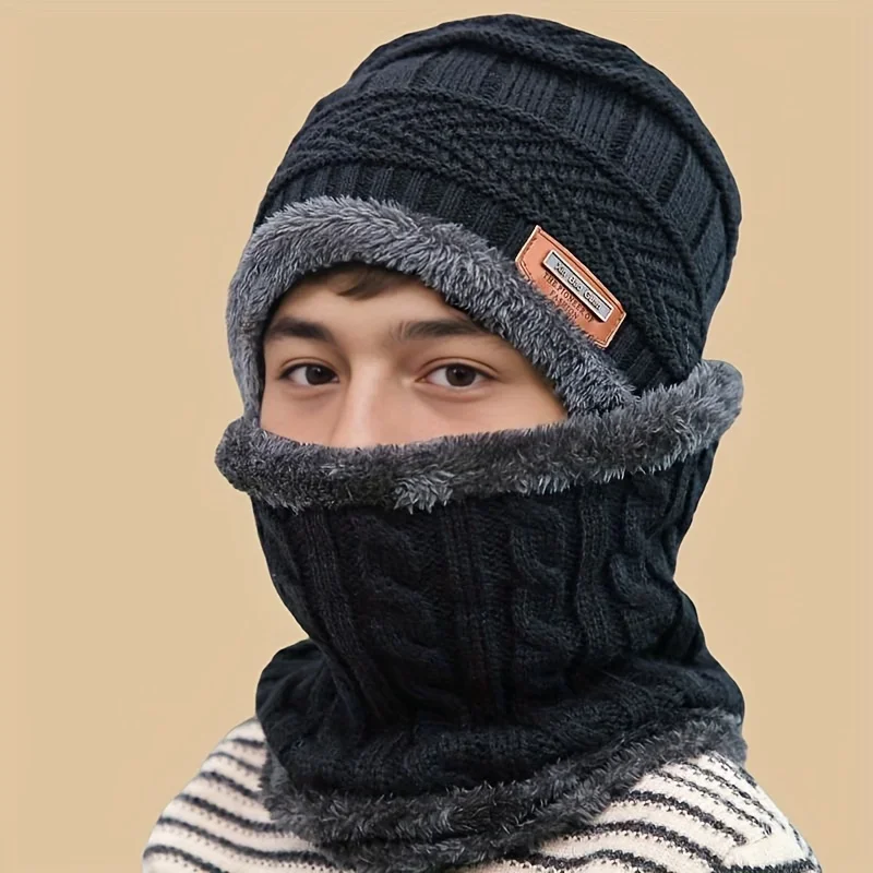 2pcs Winter Kids Hat and Scarf Set Balaclava Beanie with Detachable Scarf, Warm Cable Knit Fleece Hat, Hand Washable