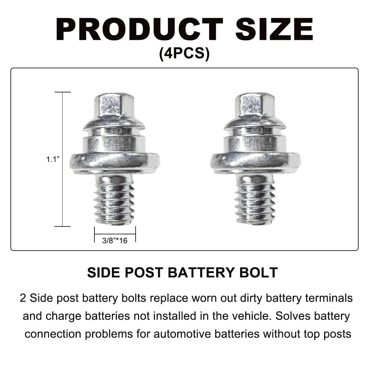 4 PCS Side Post Battery Terminal Bolts, 3/816 Stud Thread Extender Screw for ...