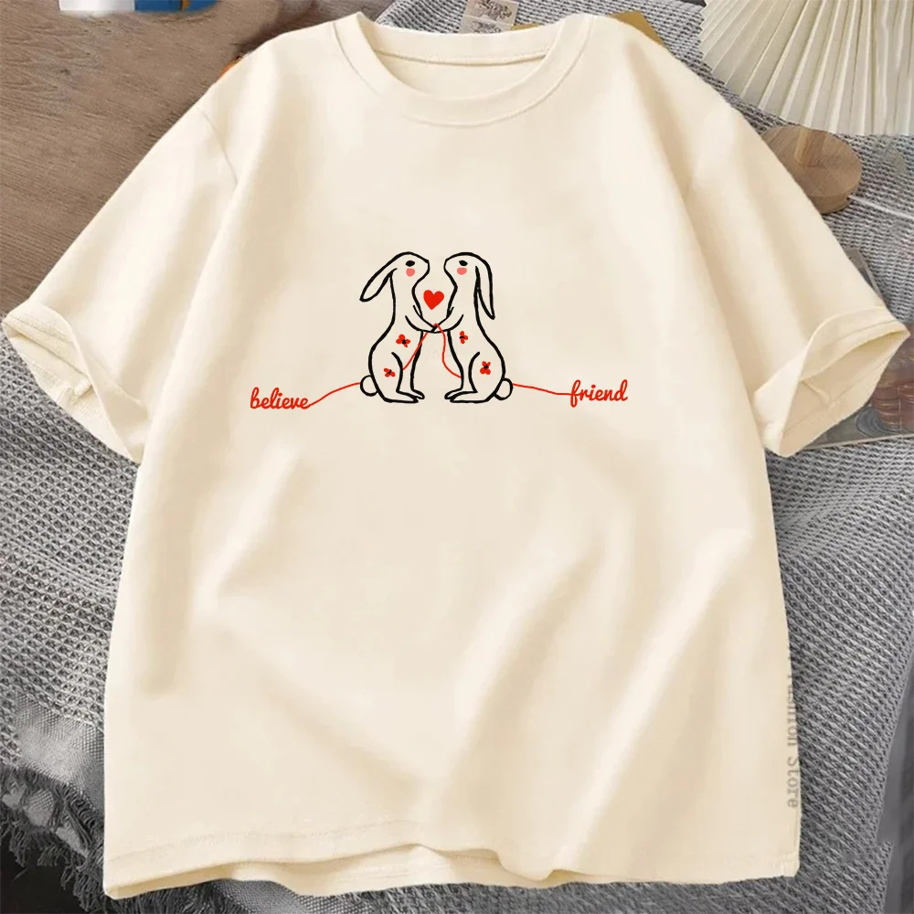 

Retro Style Believe Lniend Men Women Aesthetic T-Shirt Rabbits Graphic Print Tees Unisex Couple Short Sleeve Oversized Tshirts