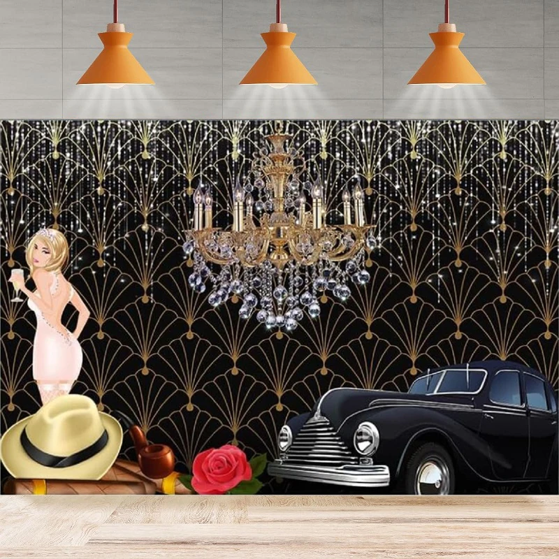 Photography Backdrop Party Black Gold Gangster Mafia Car for Prom Luxury Fashion Girl Party Background Wall Home Decor Banner