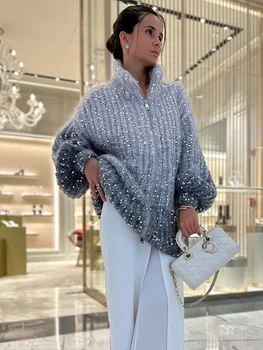 Pailletten Gebreide Vrouwen Trui Herfst Bisschop Mouw Ritsen Losse Casual Truien Vrouwelijke 2024 Dame Stand Kraag Bovenkleding