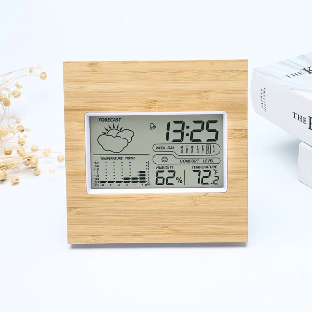 

Digital Clock Desktop Temperature LCD Electronic Thermometer Table Hygrometer Battery Operated Time Date Calendar Wooden Face