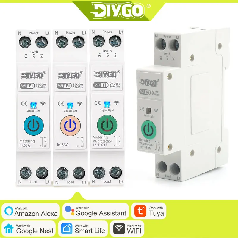 DIY GO 63A 1P+N WIFI Smart Switch Energy Meter kWh Metering Monitoring Timer Relay MCB TUYA Smartlife Voltage Current Protection