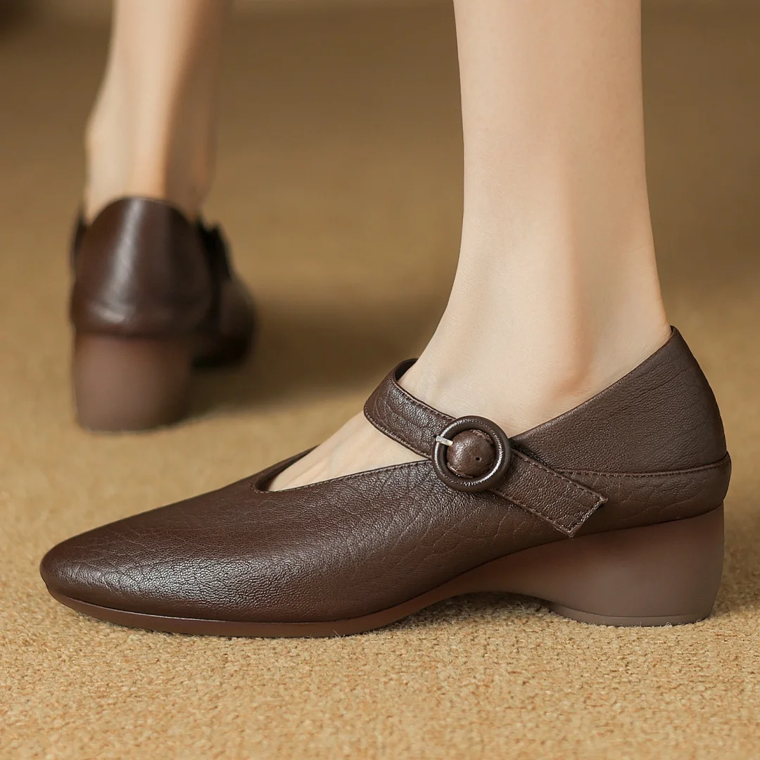 Women's sheepskin slip-on Mary Jane flats round toe high quality soft comfortable 4.5cm wedge low heel elegant ladies heels shoe