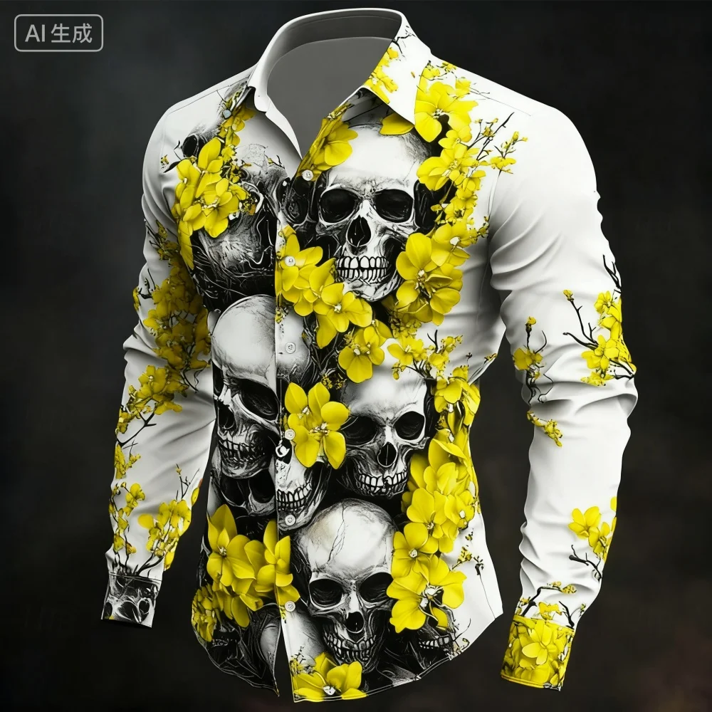 Men's Classic Skull 3D Printed Halloween Shirt Long Sleeved Lapel Comfortable Holiday Party Clothing 11 Colors to Choose from