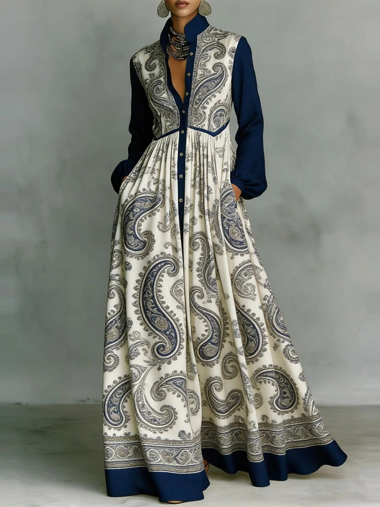 

Женское платье макси с воротником-стойкой и пуговицами, весеннее повседневное, с завышенной талией, карманами и длинным подолом, шикарное, с цветочным принтом, в стиле бохо, для вечеринок