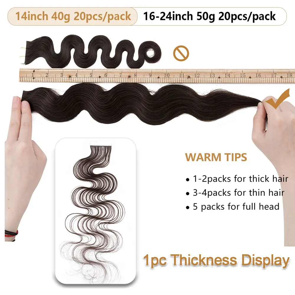 Rich Choices 20Pcs Body Wave Tape In Hair Extension Real Human Hair Skin Weft Adhesive Tape in Extensions For Women 14-24inch