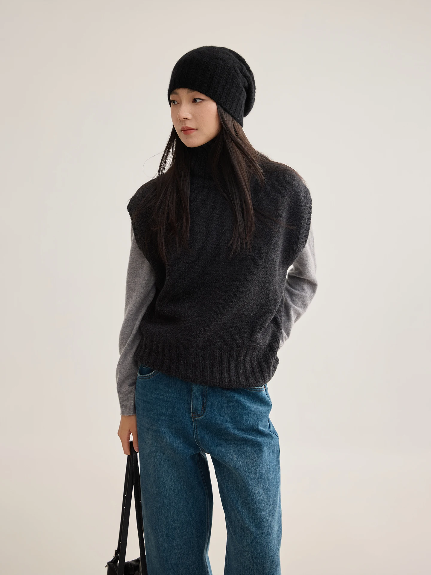 

Fuxu 00% Wool High Collar Button Design Knitted Vest Thiened Outerwear Warm Commute Sle Women's Sweater Vest Polyester