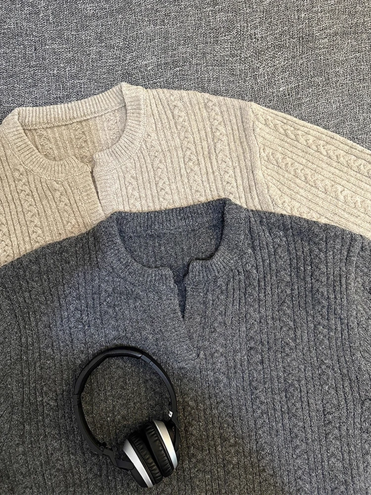 

Men's Casual V-Ne Knitted Sweater Henry Collar Linen Pattern Autumn Leisure Sle High Quali Knitwear for Couples