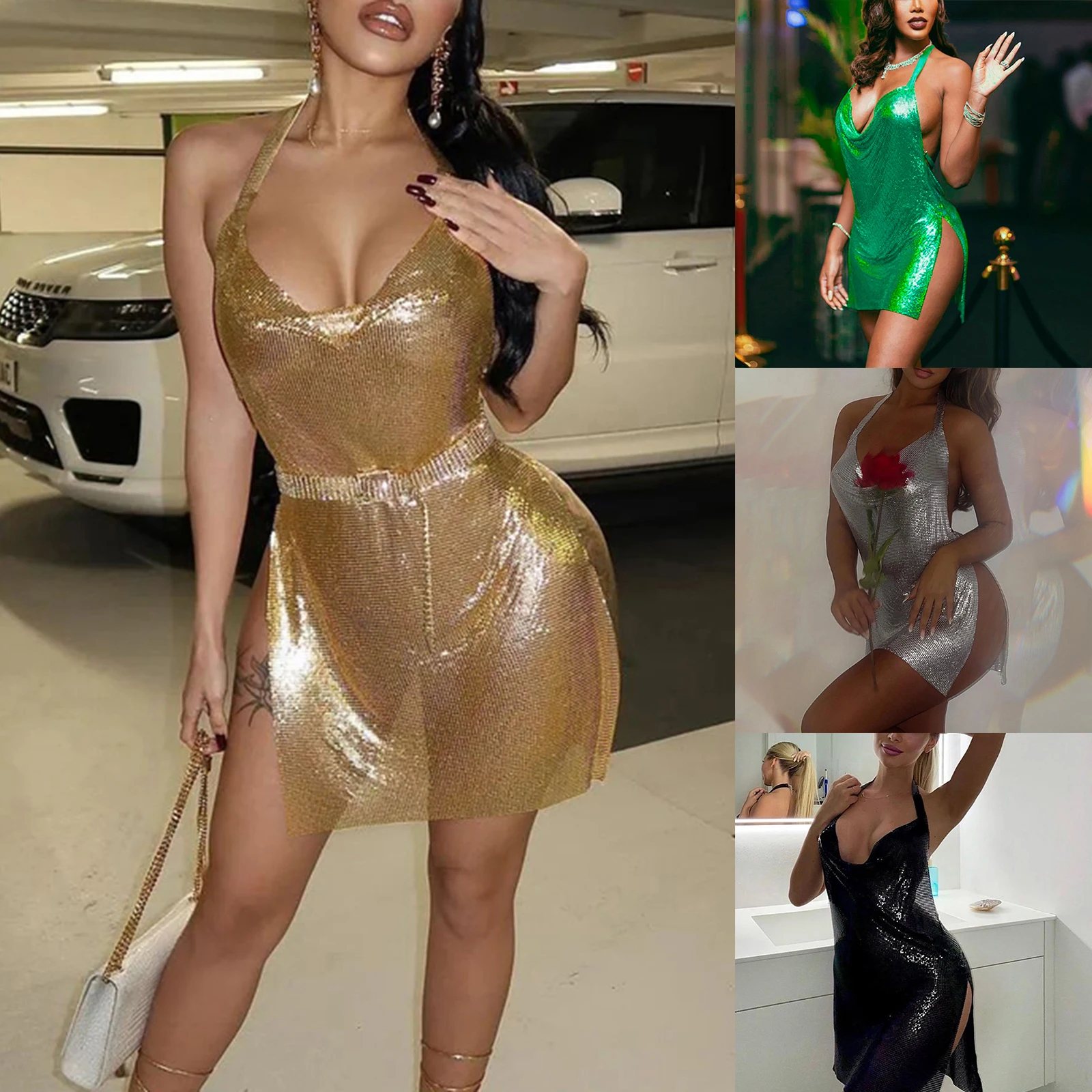 

Новое сексуальное Xsahpe модное женское облегающее платье с разрезом по бокам, блестящая юбка с лямкой на шее и открытой спиной для ночных клубов