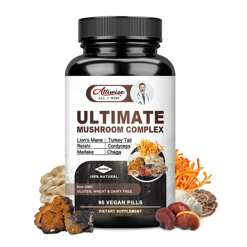 Alliwise Mushroom Natural Complex Mushroom capsule Coffee Substitute Support Energy & Immune Keep Mental Clarity &Focus Brain