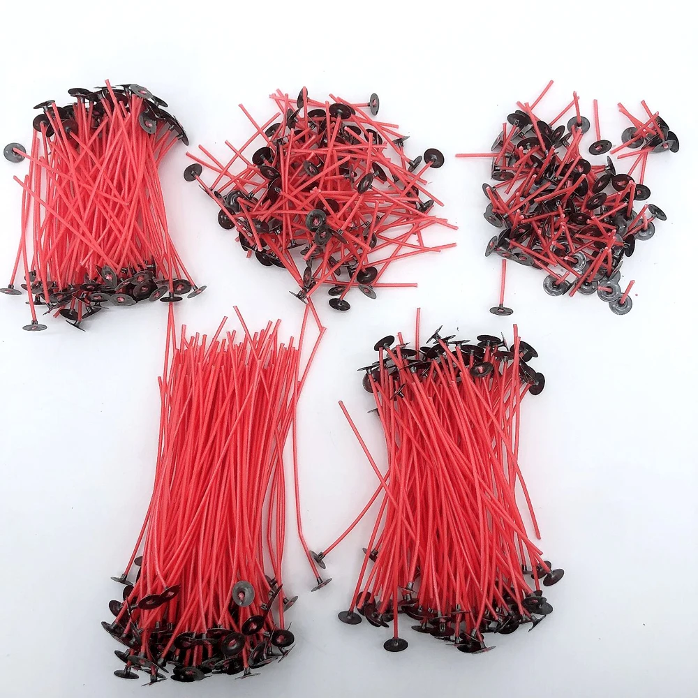 Mèches de bougie rouges sans fumée, pré-cirées, noyau de coton Ghee avec onglets de support en métal, outils de fabrication de bougies faits à la main, 100 pièces