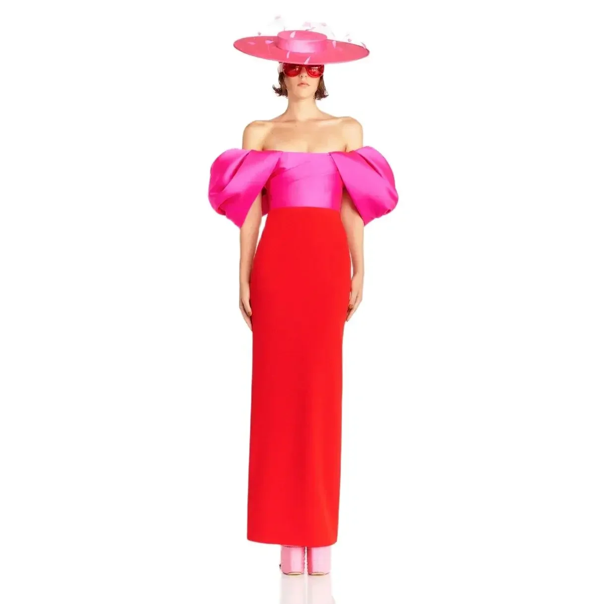 Vestidos de noche personalizados con hombros descubiertos, color rojo crepé y fucsia, con hendidura, vestido de fiesta hasta el tobillo de satén con tubo para mujer