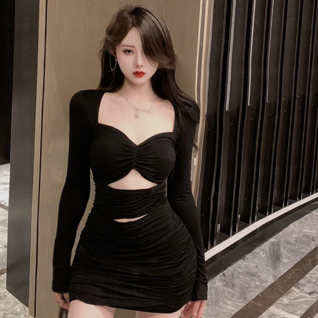 Y2k Women Sexy Bodycon Dress Long Sleeve Short Party Dress Office Lady Pure Color Elegant Vintage Mini Dress Korean 2022 Autum Dresses AliExpress