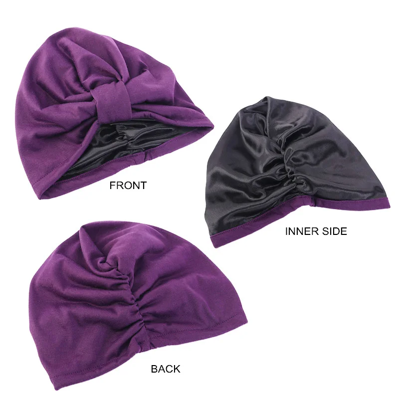 Women Muslim Cotton Turban India Headscarf Satin Lining Beanie Bonnet Hair Loss Chemo Cap Islamic Hat Headwear Stretch Head Wrap