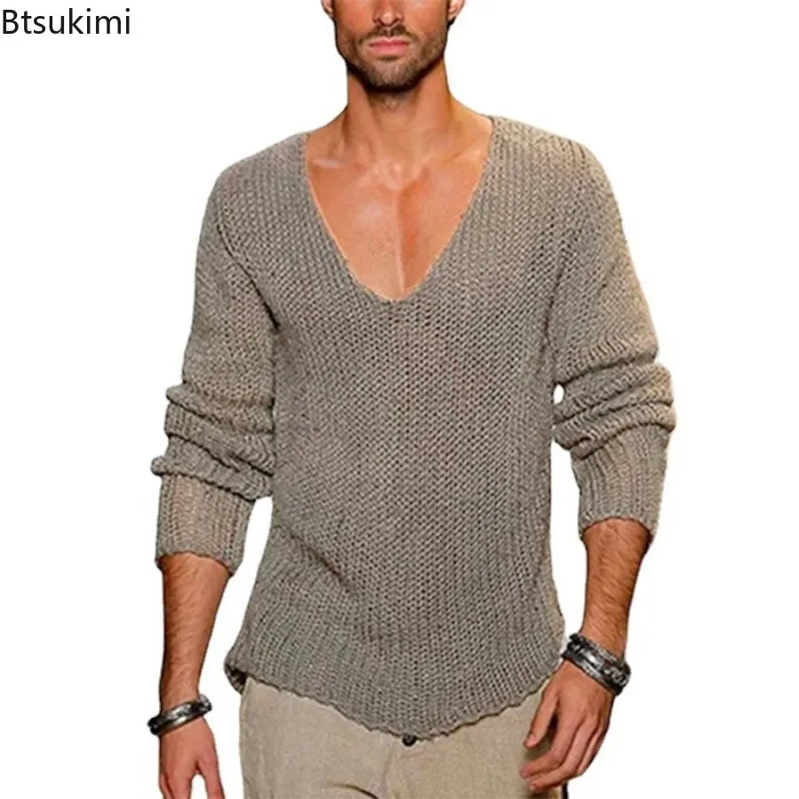 Oversized Loose Knitted Thin Sweaters for Men Fashion V-neck Long Sleeved Casual Knit Pullover Tops Men's Versatile Sweater Tops