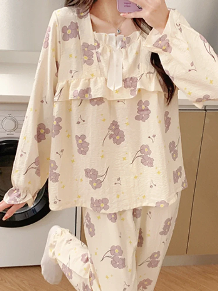 مجموعات بيجامة نسائية مبطنة بالزهور ، ملابس نوم ناعمة ، فضفاضة ، حلوة ، منزلية ، كاجوال ، أنيق ، يومي ، موضة كورية ، جمالية ، ربيع ، خريف