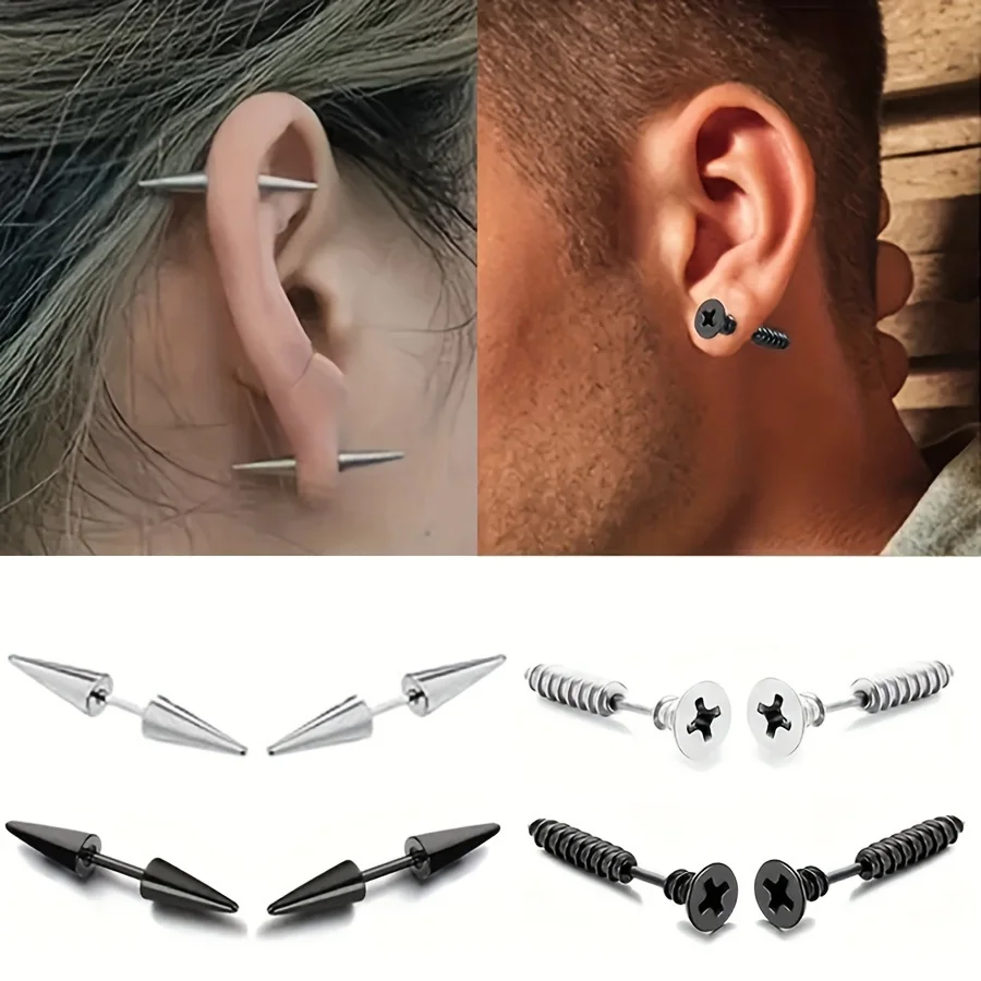 2/4/8pcs Punk Fashion Silver Black Stainless Steel Spike Nail Screw Stud Earring for Women Men Helix Ear Body Piercing Jewelry