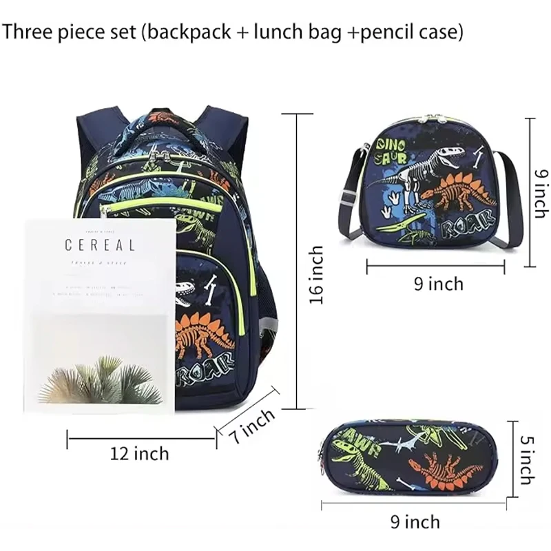 Conjunto de mochila escolar de alta calidad para niños, bolso de dibujos animados de dinosaurio, mochila escolar para niños, 3 piezas, una bolsa, un