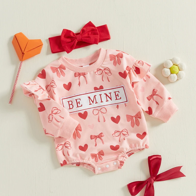 Baby Girl 2Pcs Valentine's Day Clothes Outfits Long Sleeve Heart Bow Print Romper with Headband Set Infant Baby Bodysuits