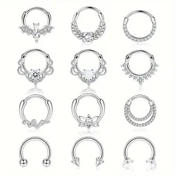 DOLOTTA 1Pc Stainless Steel Septum Ring 16G Daith Earring Nose Ring Hoop CZ Opal Cartilage Helix Tragus Clicker Piercing Jewelry