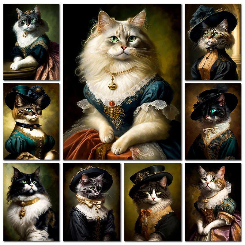 Renaissance Europäischer Adliger Schwarze Katze Weiße Katze Bier Trinkend Elegante Tiere Poster Leinwanddruck Wandkunst für Zimmer Heimdekoration