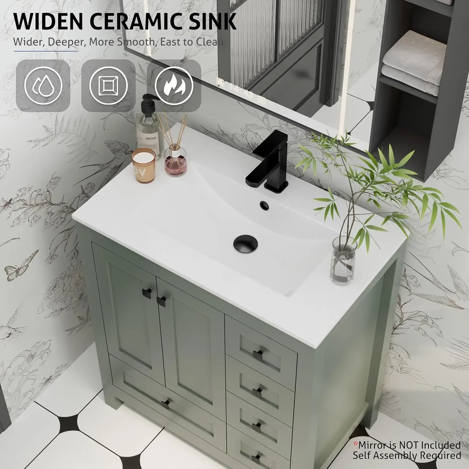 [عرض لفترة محدودة، اشترِ الآن! ]ورود حمام مقاس 30 بوصة مع مجموعة حوض، وخزانة تخزين حمام خشبية سميكة حديثة مع حامل سفلي