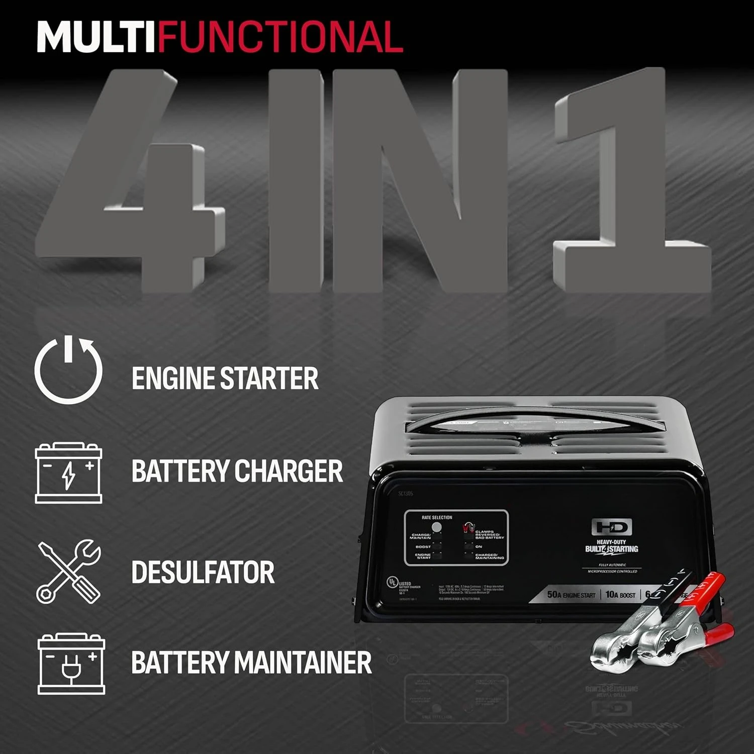 

6A Battery Charger and 50A Engine Starter, 4-in-1 Solution for 12V Batteries, Battery Maintainer, 10A Boost,SC1305, for Car, SUV