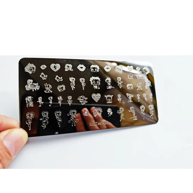 만화 캐릭터 소녀 네일 스탬프 플레이트 영어 편지 잎 꽃 디자인 인쇄 플레이트 네일 아트 스텐실 스탬프 도구