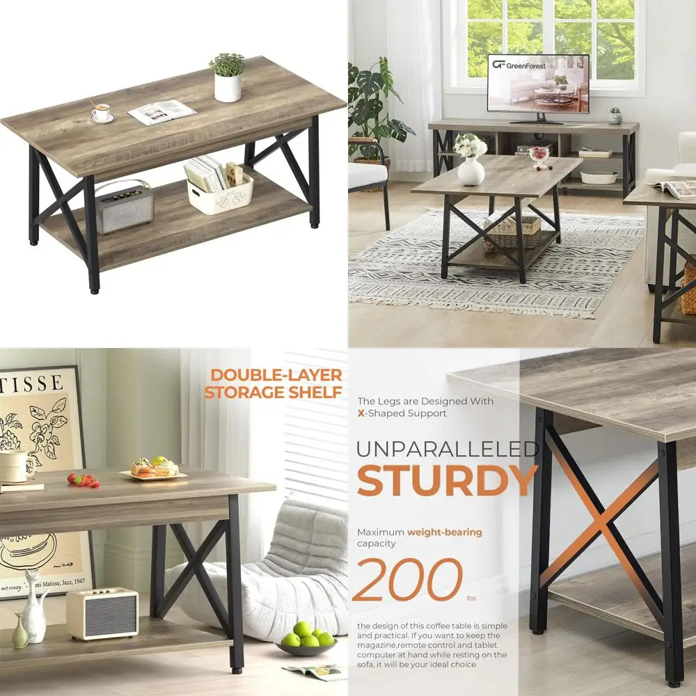 طاولة قهوة كبيرة 43 حديثة للمزرعة مع مساحة تخزين، لمسة نهائية رمادية اللون، تصميم إطار X لغرفة المعيشة #1
