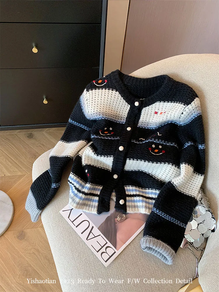 2000s Aesthetic Striped Knitted Cardigan Office Lady Korean Fashion Long Sleeve Casual Sweater Smiling Face Embroidery Jumper