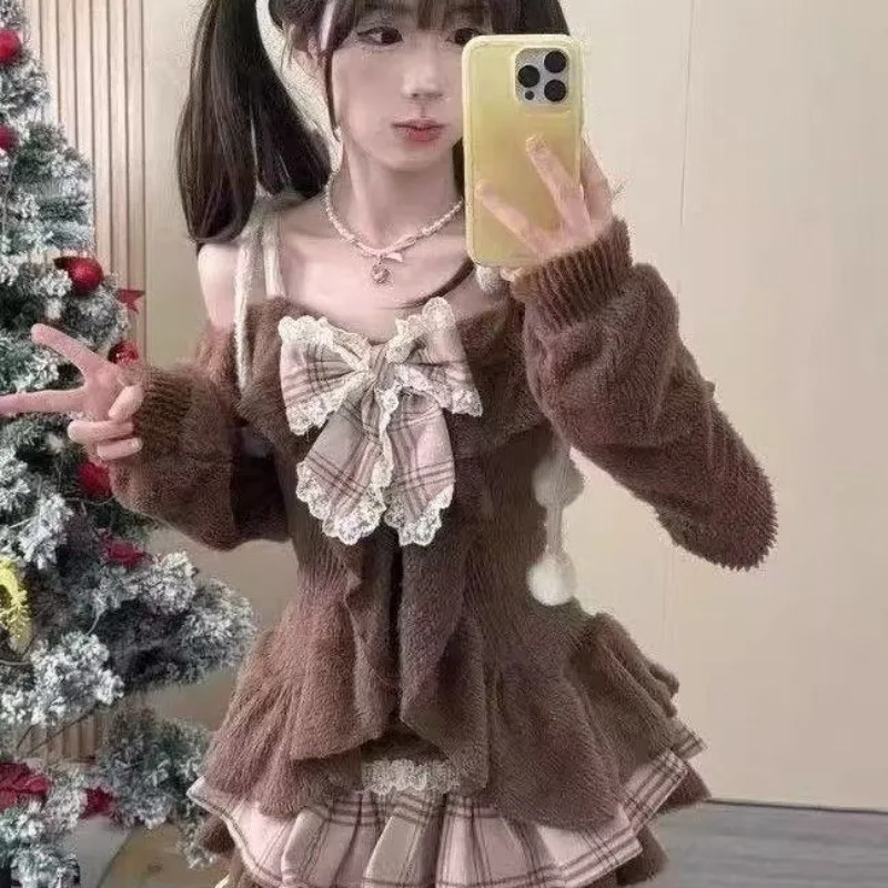 اليابانية Kawaii لوليتا تنورة قطعتين مجموعة براون الحلو مائل الرقبة أعلى + تنورة منقوشة فتاة حلوة جماليات الملابس تنورة البدلة #2