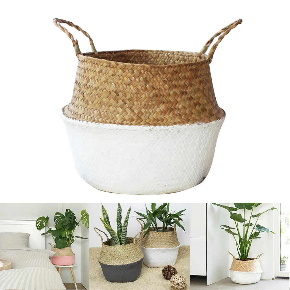 Hand Knitting Flower Basket Woven Belly Storage Basket Seagrass Flowerpot 27 x 23cm (White Bottom) small flower basket