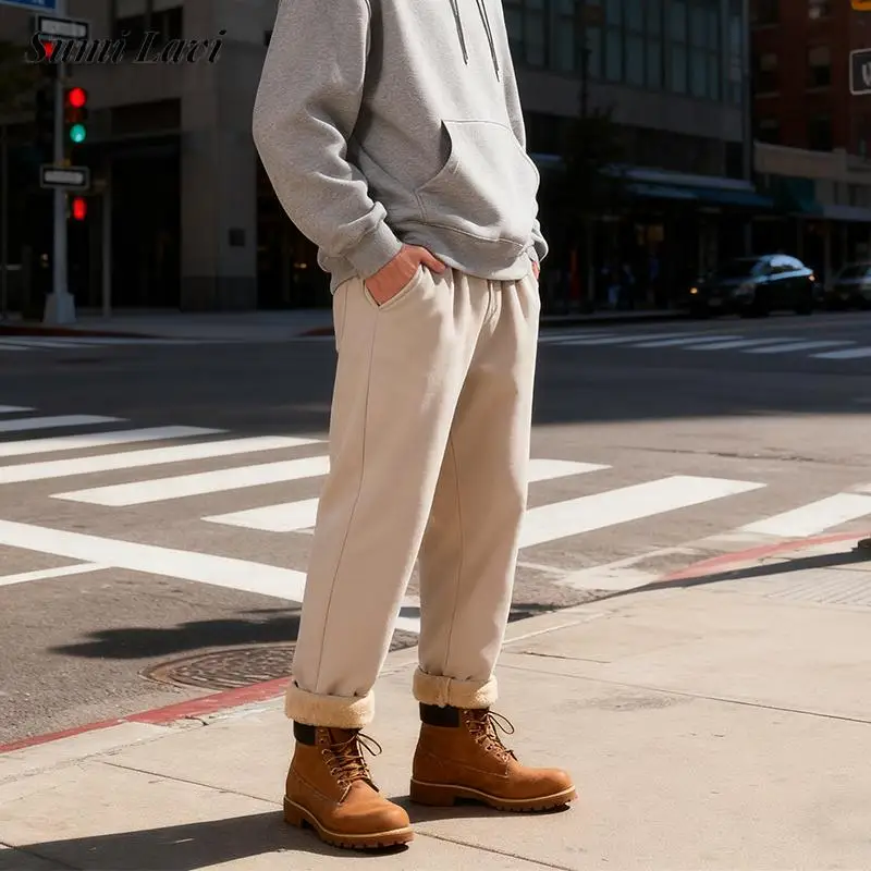 

Осень-зима утолщенные теплые брюки на флисовой подкладке мужские повседневные однотонные брюки на шнурке для мужчин повседневные укороченные брюки для отдыха