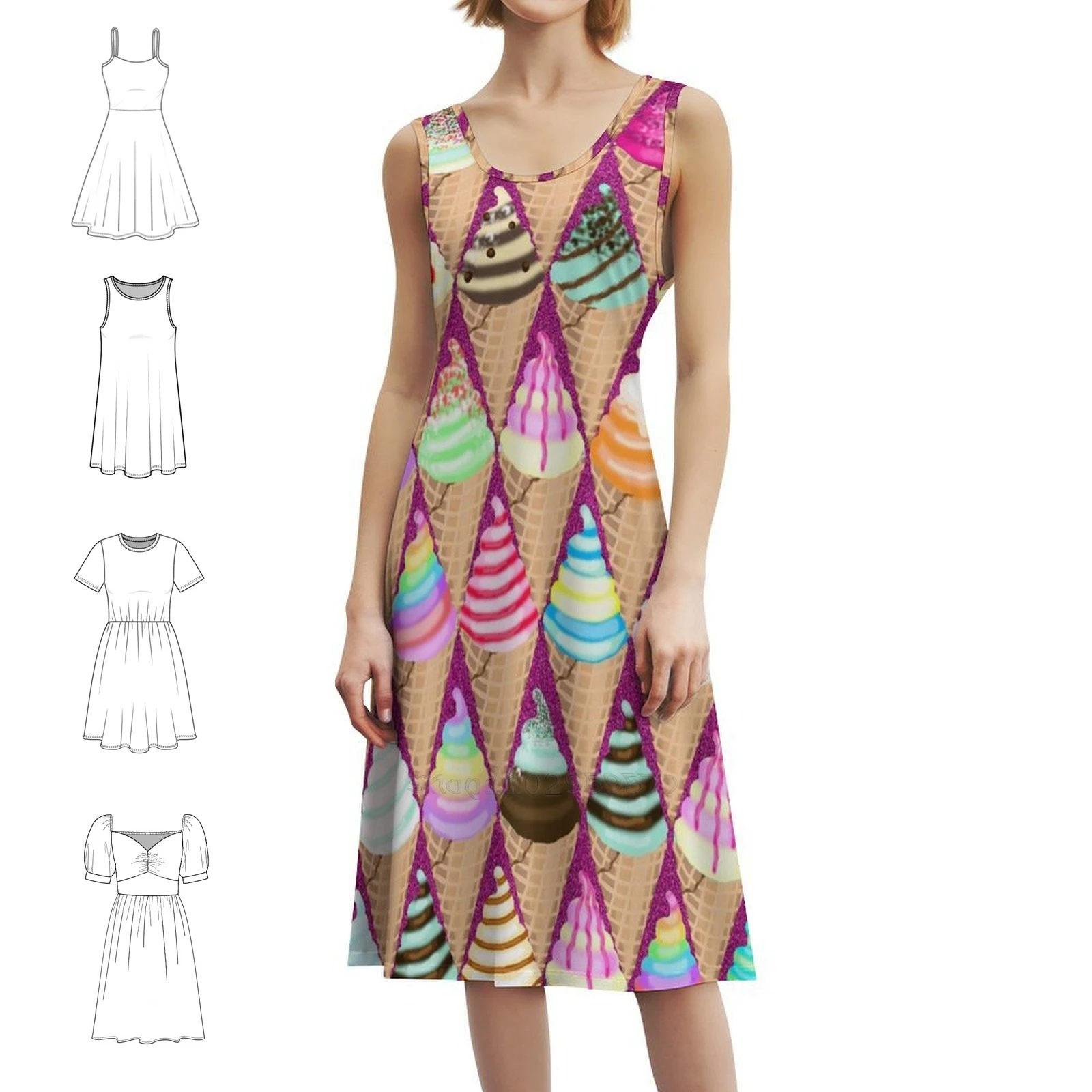 

Hand Drawn Ice Cream Pattern Spring / Summer Bohemian Sleeveless Dress Multi-Print Beach Vacation Party Dress Icecream Summer