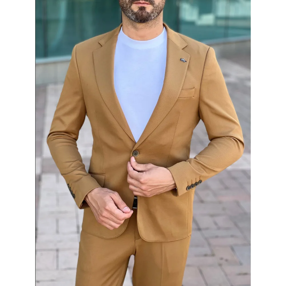 Men Blazer Suit Terno Outfits Regular Prom Khaki Single Breasted Notched Lapel Masculino Elegant Two Piece Jacket Pants Slim Fit