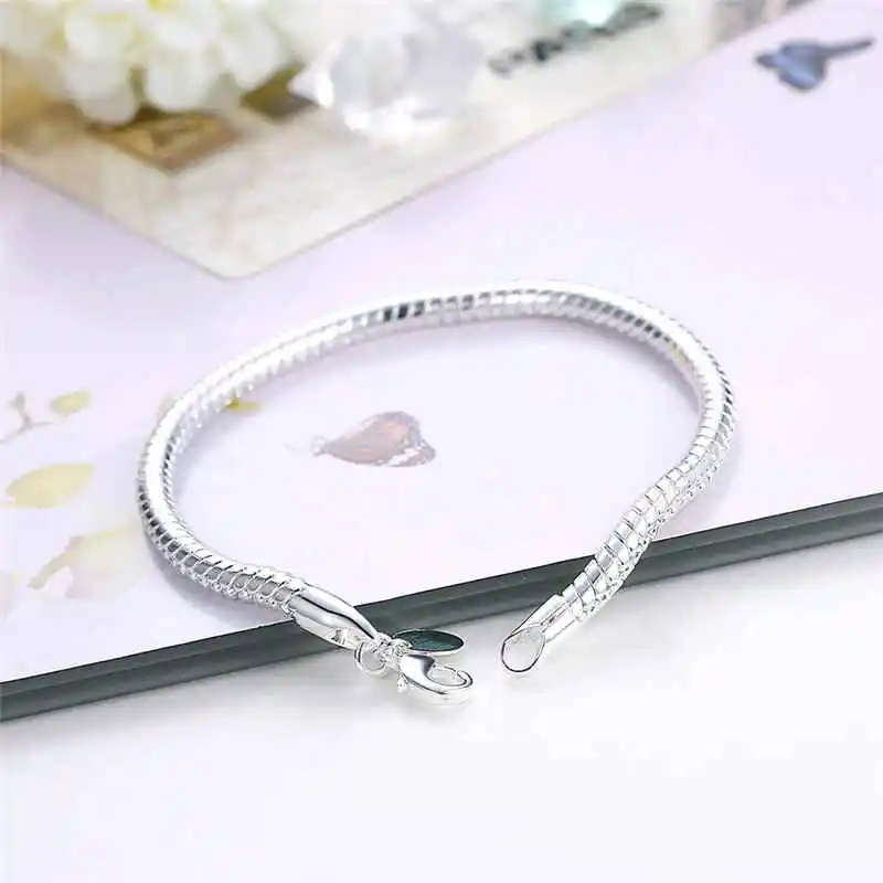 925 Sterling Silver 3mm Snake Chain 8 inches Basis Bracelet For Woman Charm Wedding Engagement Fashion Party Jewelry Gifts