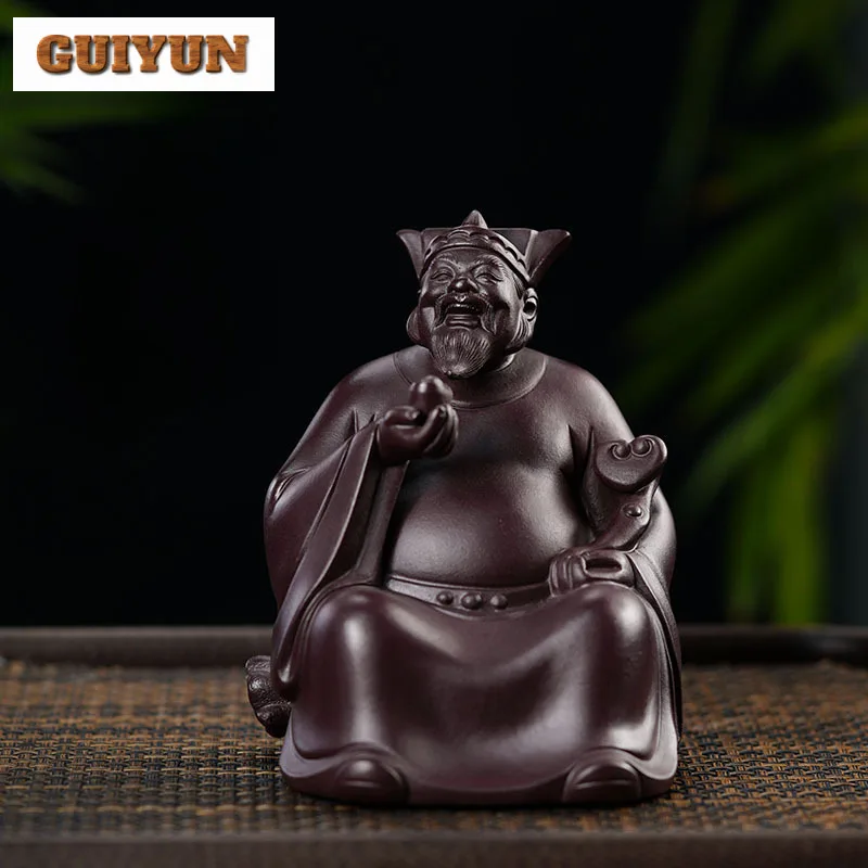 Yixing Character Sculpture Purple Clay Tea Pet God Of Wealth Figurine Ornaments Desktop Art Handmade Crafts Home Tea Set Decors