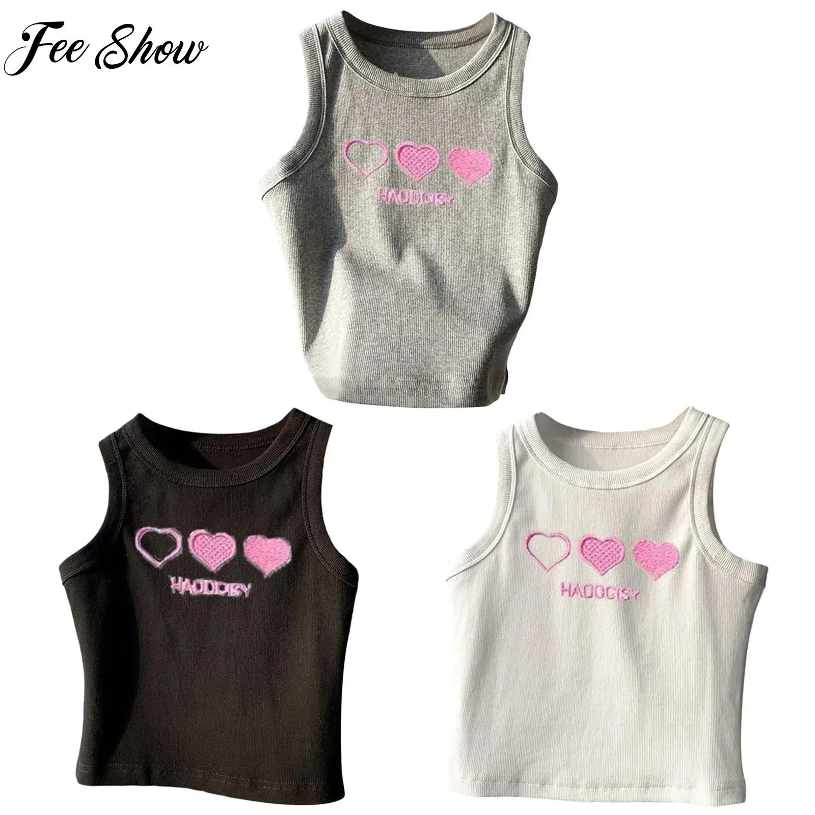 

Kids Stretchy Breathable Ribbed Vest Heart Embroidery Round Neck Sleeveless for Sports Yoga Workout Running