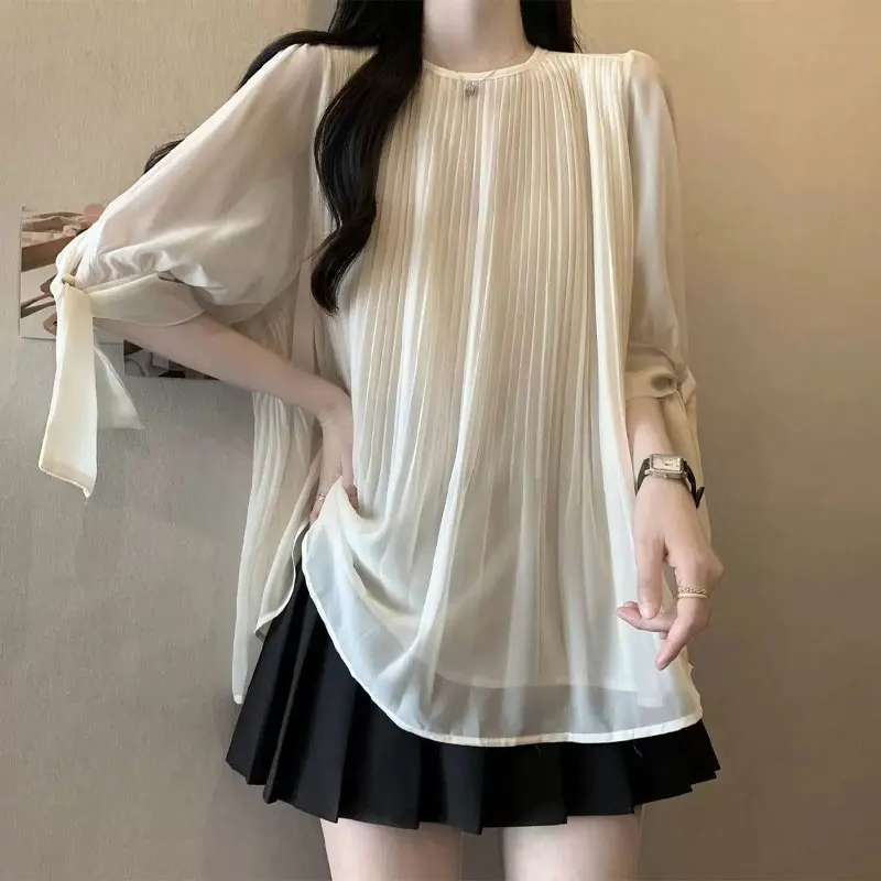 Casual 3/4 Sleeve Drawstring Shirt Women\'s Clothing Solid Color All-match 2024 Summer Fashion Pleated Korean Round Neck Blouse